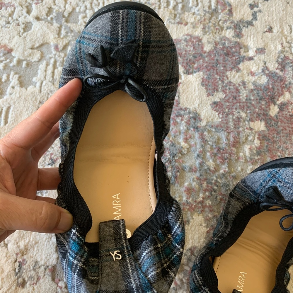 Yosi Samra grey holiday plaid wrap up ballet shoes